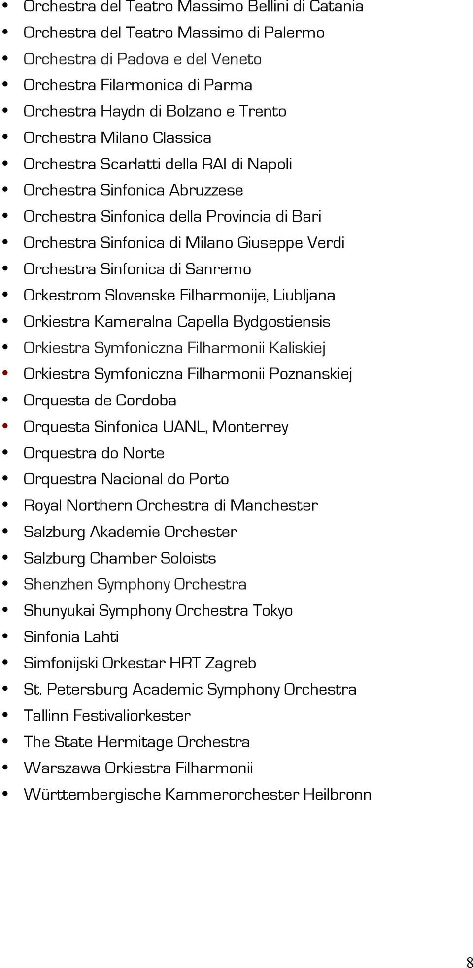 Sanremo Orkestrom Slovenske Filharmonije, Liubljana Orkiestra Kameralna Capella Bydgostiensis Orkiestra Symfoniczna Filharmonii Kaliskiej Orkiestra Symfoniczna Filharmonii Poznanskiej Orquesta de