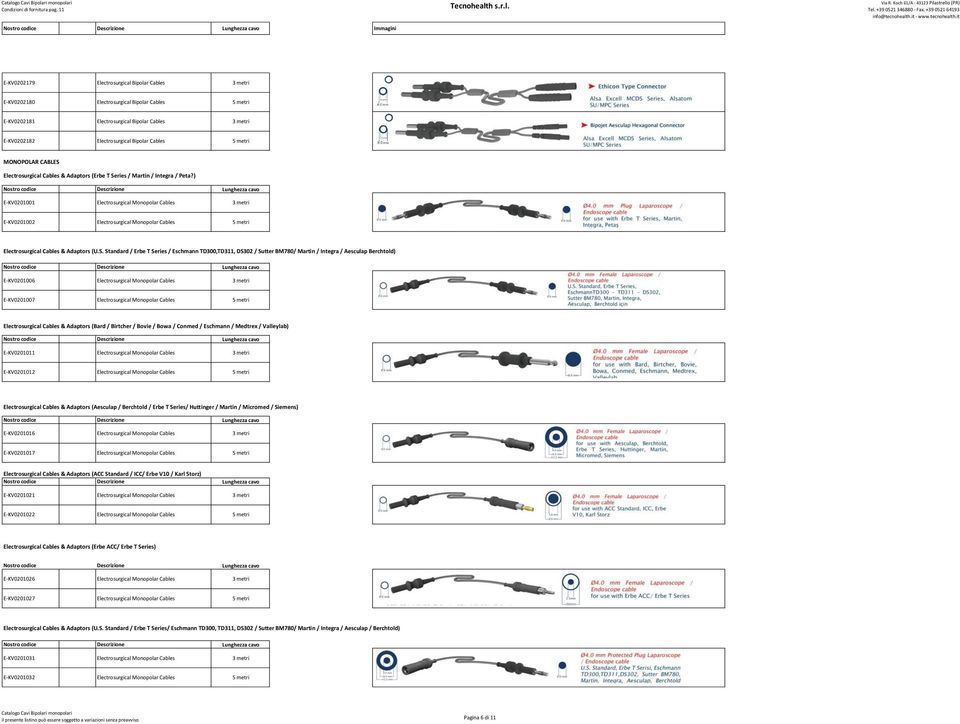 ) E-KV0201001 Electrosurgical Monopolar Cables 3 metri E-KV0201002 Electrosurgical Monopolar Cables 5 metri Electrosurgical Cables & Adaptors (U.S.
