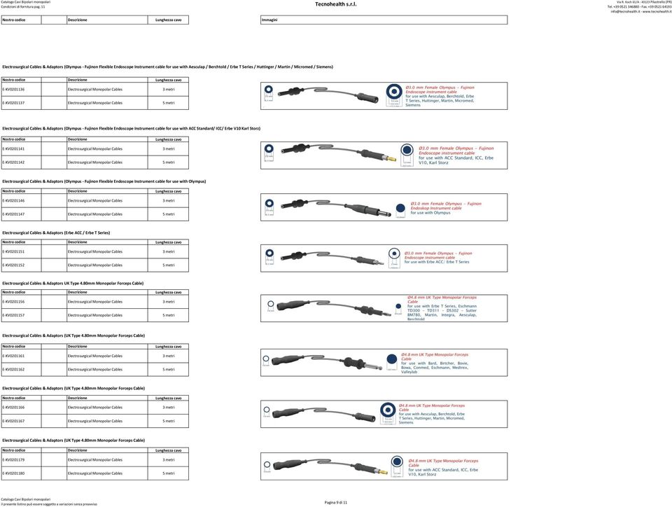 use with ACC Standard/ ICC/ Erbe V10 Karl Storz) E-KV0201141 Electrosurgical Monopolar Cables 3 metri E-KV0201142 Electrosurgical Monopolar Cables 5 metri Electrosurgical Cables & Adaptors (Olympus -