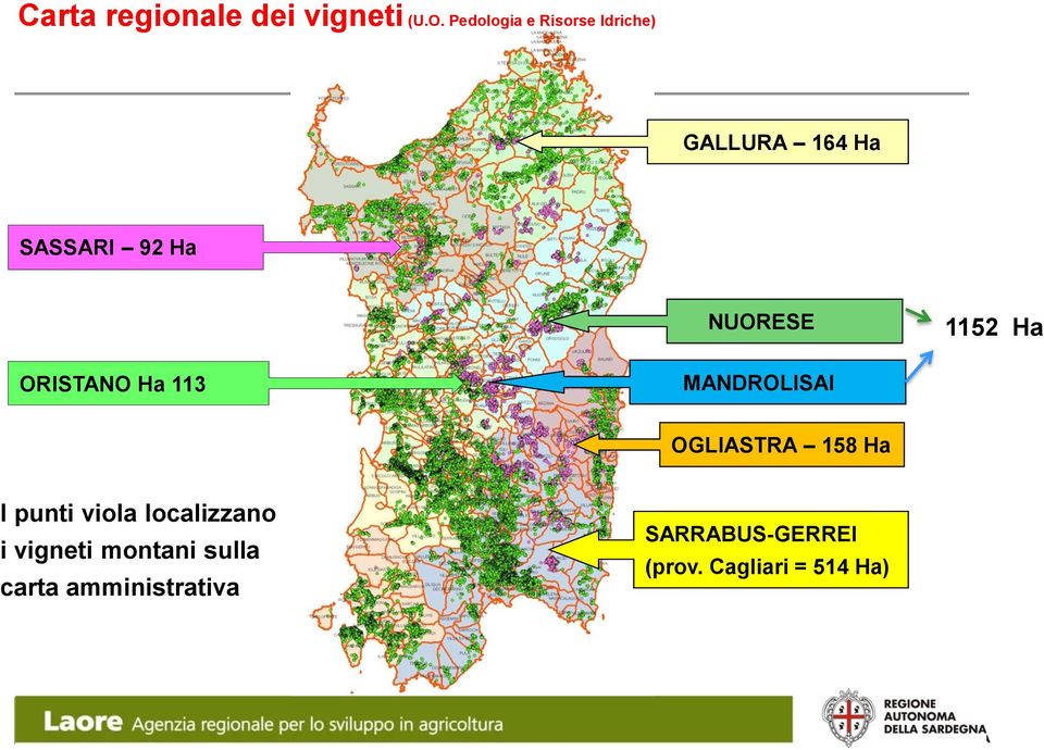 1152 Ha ORISTANO Ha 113 MANDROLISAI OGLIASTRA 158 Ha I punti viola