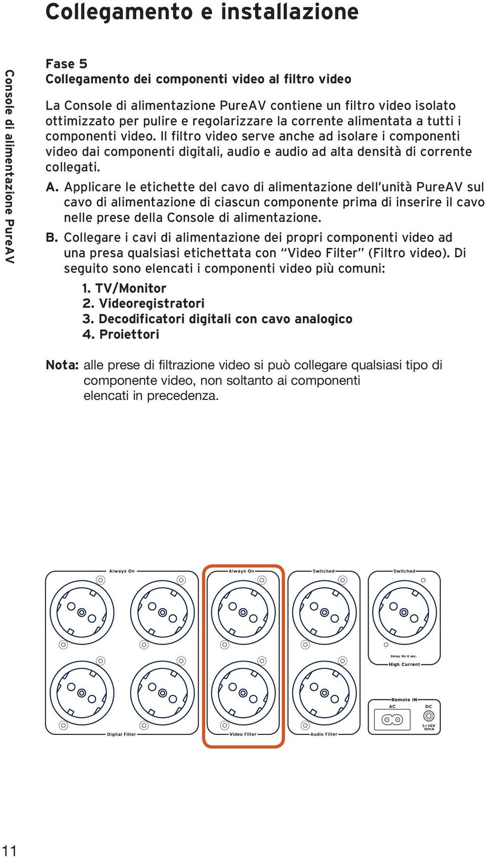 Applicare le etichette del cavo di alimentazione dell unità PureAV sul cavo di alimentazione di ciascun componente prima di inserire il cavo nelle prese della Console di alimentazione. B.