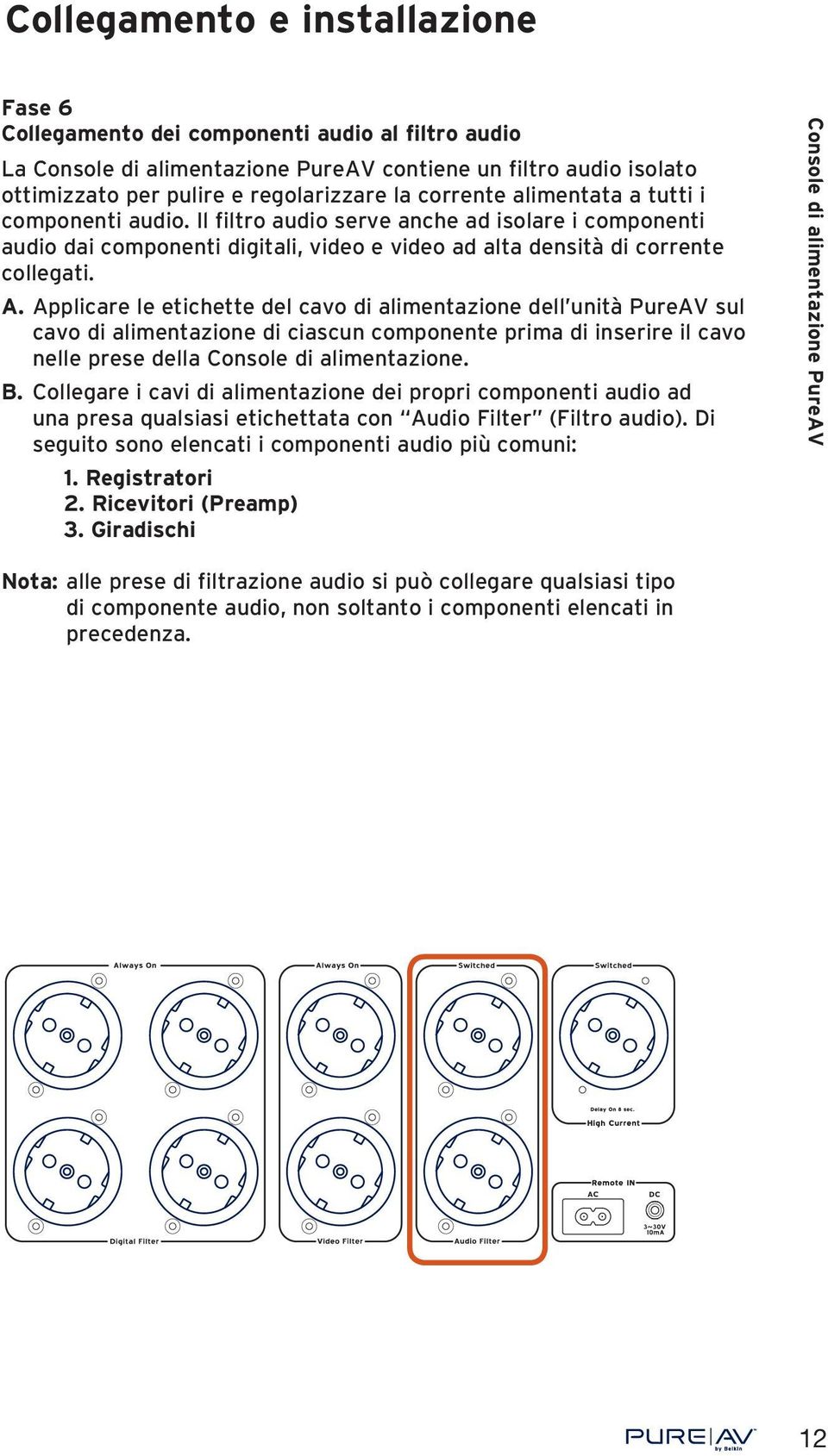 Applicare le etichette del cavo di alimentazione dell unità PureAV sul cavo di alimentazione di ciascun componente prima di inserire il cavo nelle prese della Console di alimentazione. B.