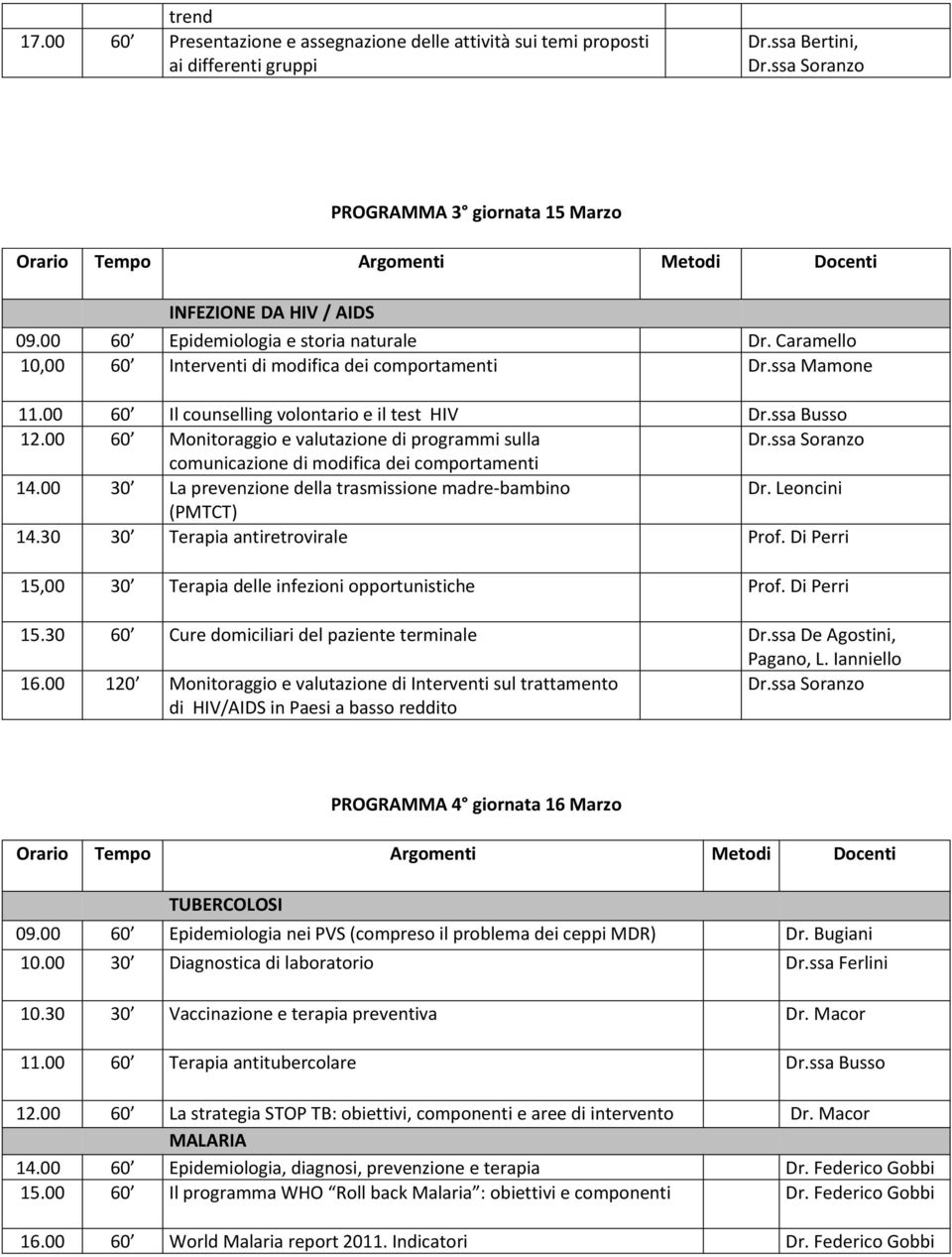 00 60 Monitoraggio e valutazione di programmi sulla comunicazione di modifica dei comportamenti 14.00 30 La prevenzione della trasmissione madre-bambino Dr. Leoncini (PMTCT) 14.