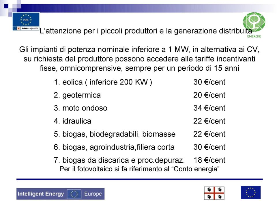 eolica ( inferiore 200 KW ) 30 /cent 2. geotermica 20 /cent 3. moto ondoso 34 /cent 4. idraulica 22 /cent 5.