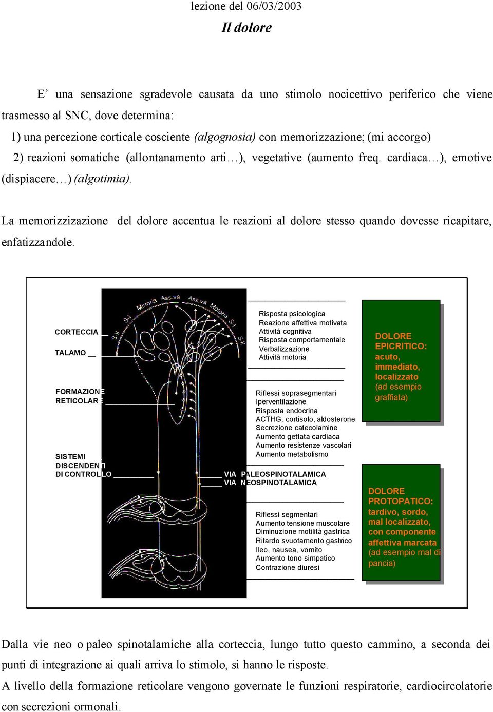 La memorizzizazione del dolore accentua le reazioni al dolore stesso quando dovesse ricapitare, enfatizzandole.