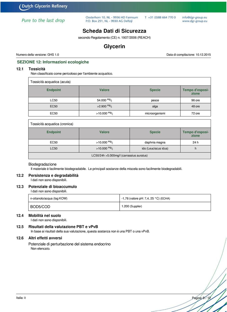 Le principali sostanze della miscela sono facilmente biodegradabili. 12.2 Persistenza e degradabilità I dati non sono disponibili. 12.3 Potenziale di bioaccumulo I dati non sono disponibili.