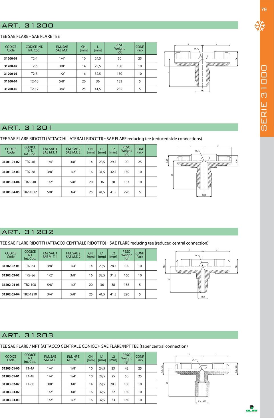 31201 TEE SAE FARE RIDOTTI (ATTACCHI ATERAI RIDOTTI) - SAE FARE reducing tee (reduced side connections) INT.