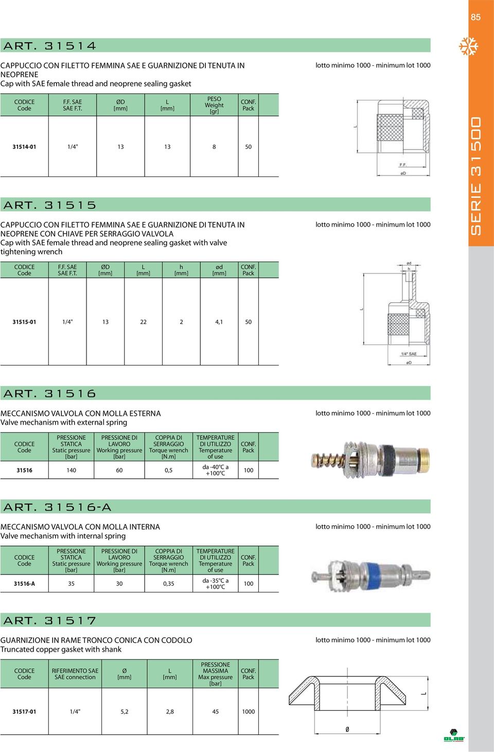 31515 CAPPUCCIO CON FIETTO FEMMINA SAE E GUARNIZIONE DI TENUTA IN NEOPRENE CON CHIAVE PER SERRAGGIO VAVOA Cap with SAE female thread and neoprene sealing gasket with valve tightening wrench lotto