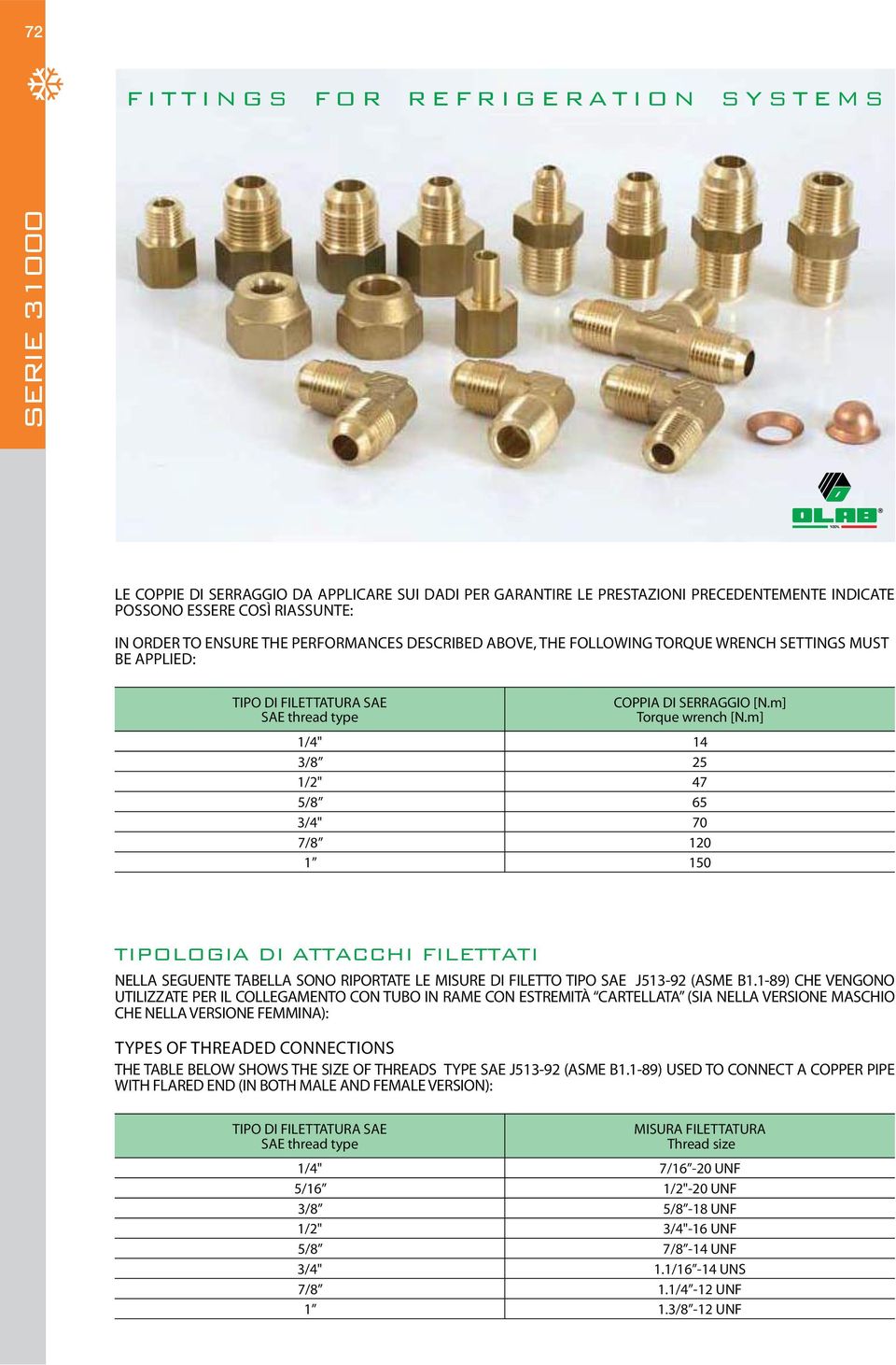 m] 1/4" 14 3/8 25 1/2" 47 5/8 65 3/4" 70 7/8 120 1 150 TIPOOGIA DI ATTACCHI FIETTATI NEA SEGUENTE TABEA SONO RIPORTATE E MISURE DI FIETTO TIPO SAE J513-92 (ASME B1.