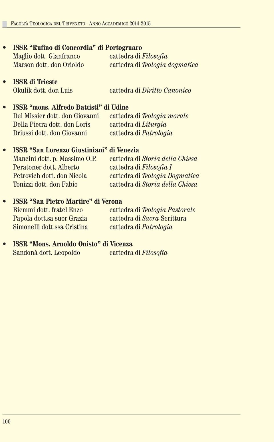 don Giovanni cattedra di Teologia Della Pietra dott. don Loris cattedra di Liturgia Driussi dott. don Giovanni cattedra di Patrologia ISSR San Lorenzo Giustiniani di Venezia Mancini dott. p.