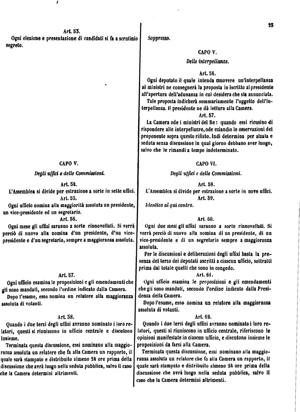 Ogni mese gli uffizi saranno a sorte rinnovellati. Si verrà perciò di nuovo alla nomina d'un presidente, d'uu vicepresidente e d'un segretario, sempre a maggioransa assoluta. Art. 57.