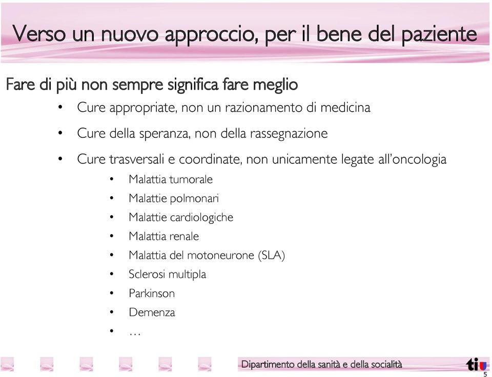 trasversali e coordinate, non unicamente legate all oncologia Malattia tumorale Malattie polmonari