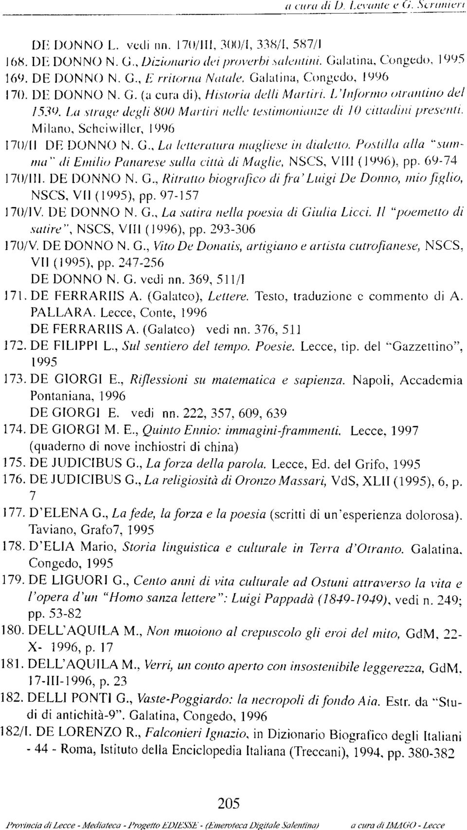 Milano, Schciwiller, 1996 170/11 DE DONNO N. G., La letteratura Illagliese in dialetto. Postilla alla "summa" di Emilio Panarese sulla città di Maglie, NSCS, VIII (1996), pp. 69-74 170/111.