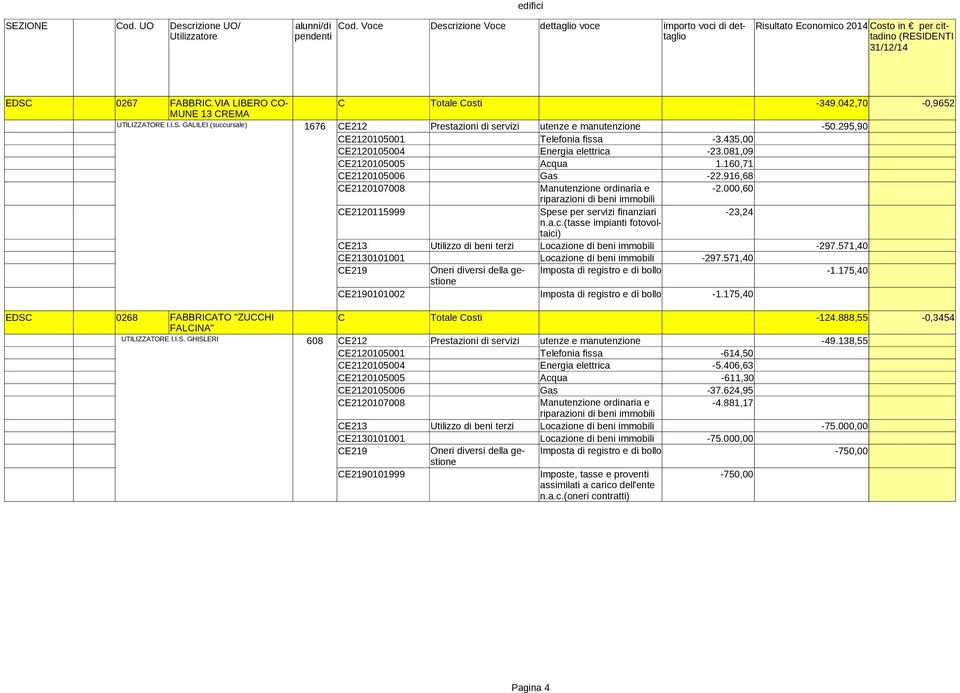 000,60 CE2120115999 Spese per servizi finanziari -23,24 n.a.c.(tasse impianti fotovoltaici) CE213 Utilizzo di beni terzi Locazione di beni immobili -297.