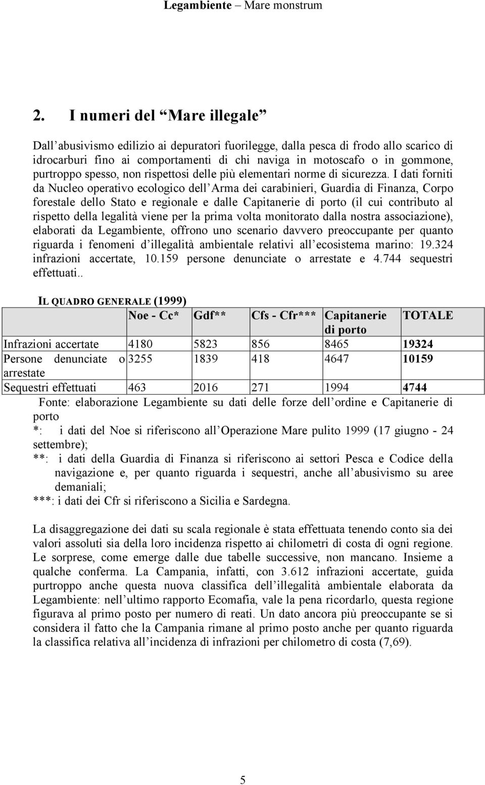 I dati forniti da Nucleo operativo ecologico dell Arma dei carabinieri, Guardia di Finanza, Corpo forestale dello Stato e regionale e dalle Capitanerie di porto (il cui contributo al rispetto della