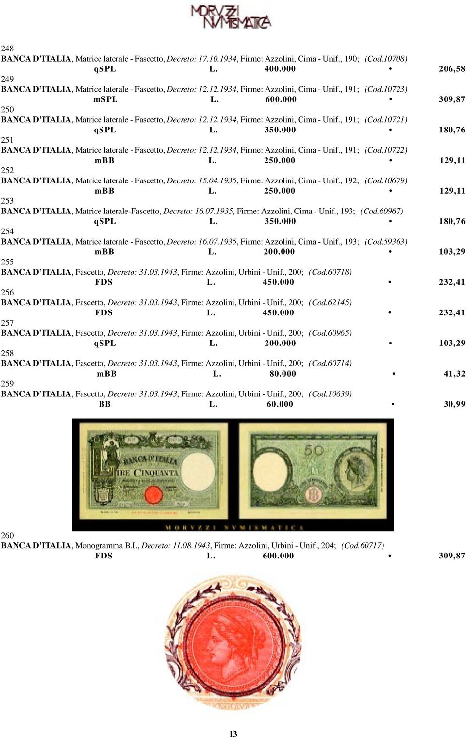 000 309,87 250 BANCA D ITALIA, Matrice laterale - Fascetto, Decreto: 12.12.1934, Firme: Azzolini, Cima - Unif., 191; (Cod.10721) qspl L. 350.