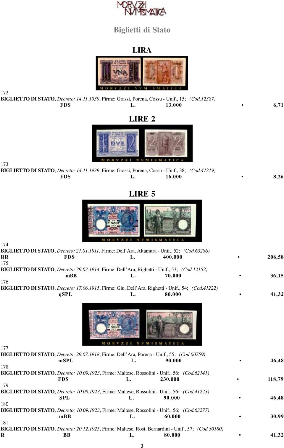 1914, Firme: Dell Ara, Righetti - Unif., 53; (Cod.12152) mbb L. 70.000 36,15 176 BIGLIETTO DI STATO, Decreto: 17.06.1915, Firme: Giu. Dell Ara, Righetti - Unif., 54; (Cod.41222) qspl L. 80.
