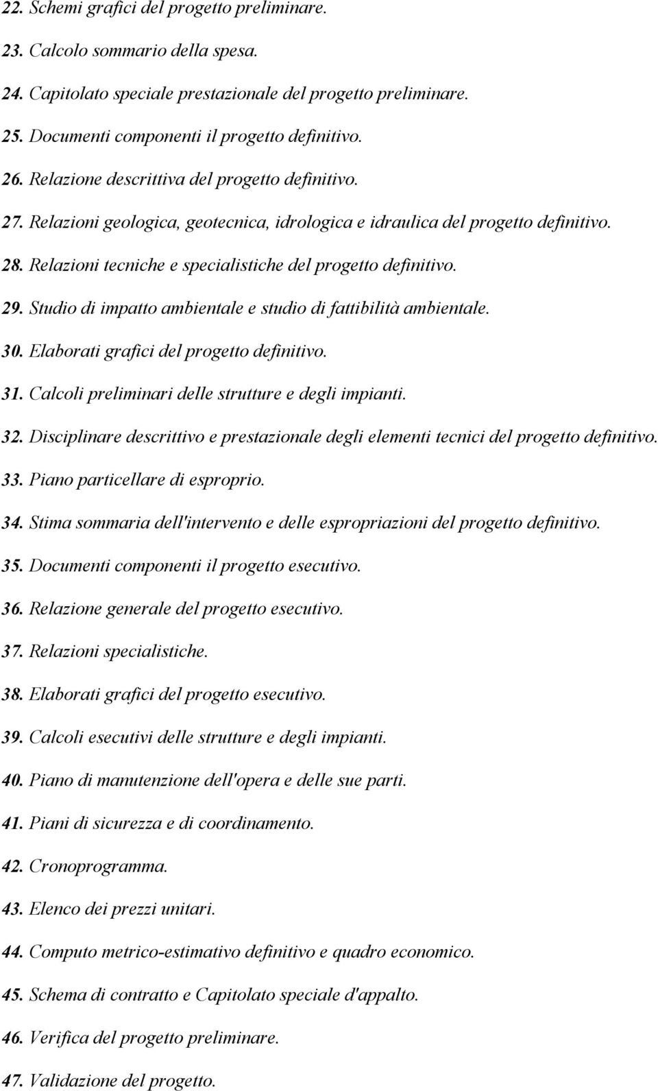 Studio di impatto ambientale e studio di fattibilità ambientale. 30. Elaborati grafici del progetto definitivo. 31. Calcoli preliminari delle strutture e degli impianti. 32.