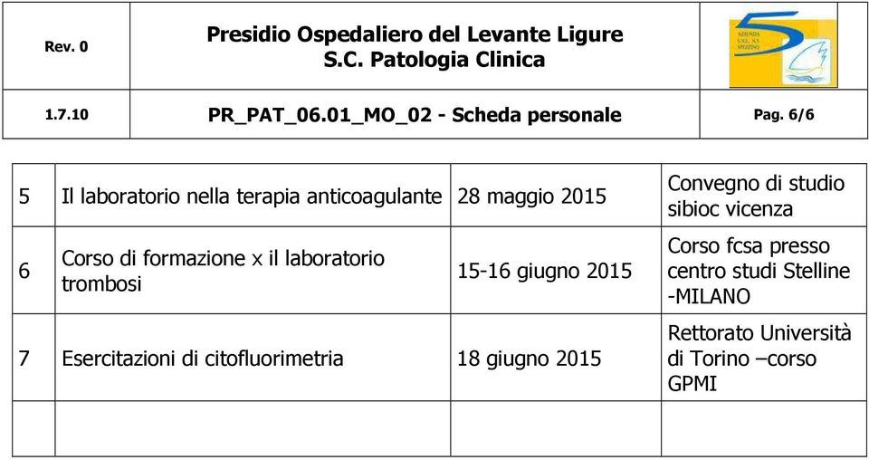 il laboratorio trombosi 15-16 giugno 2015 7 Esercitazioni di citofluorimetria 18 giugno