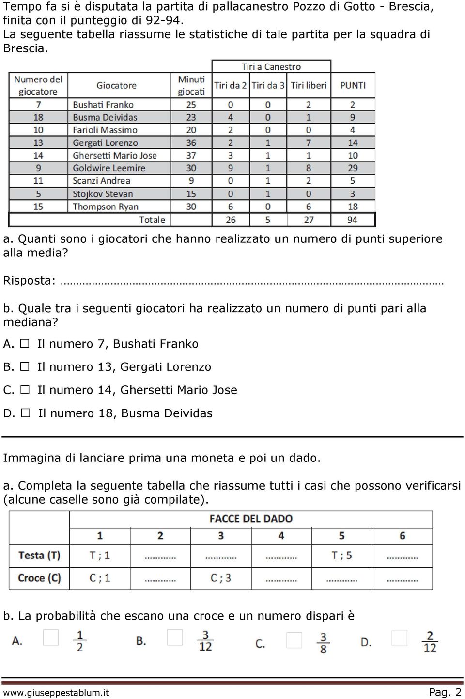 Quale tra i seguenti giocatori ha realizzato un numero di punti pari alla mediana? A. Il numero 7, Bushati Franko B. Il numero 13, Gergati Lorenzo C. Il numero 14, Ghersetti Mario Jose D.