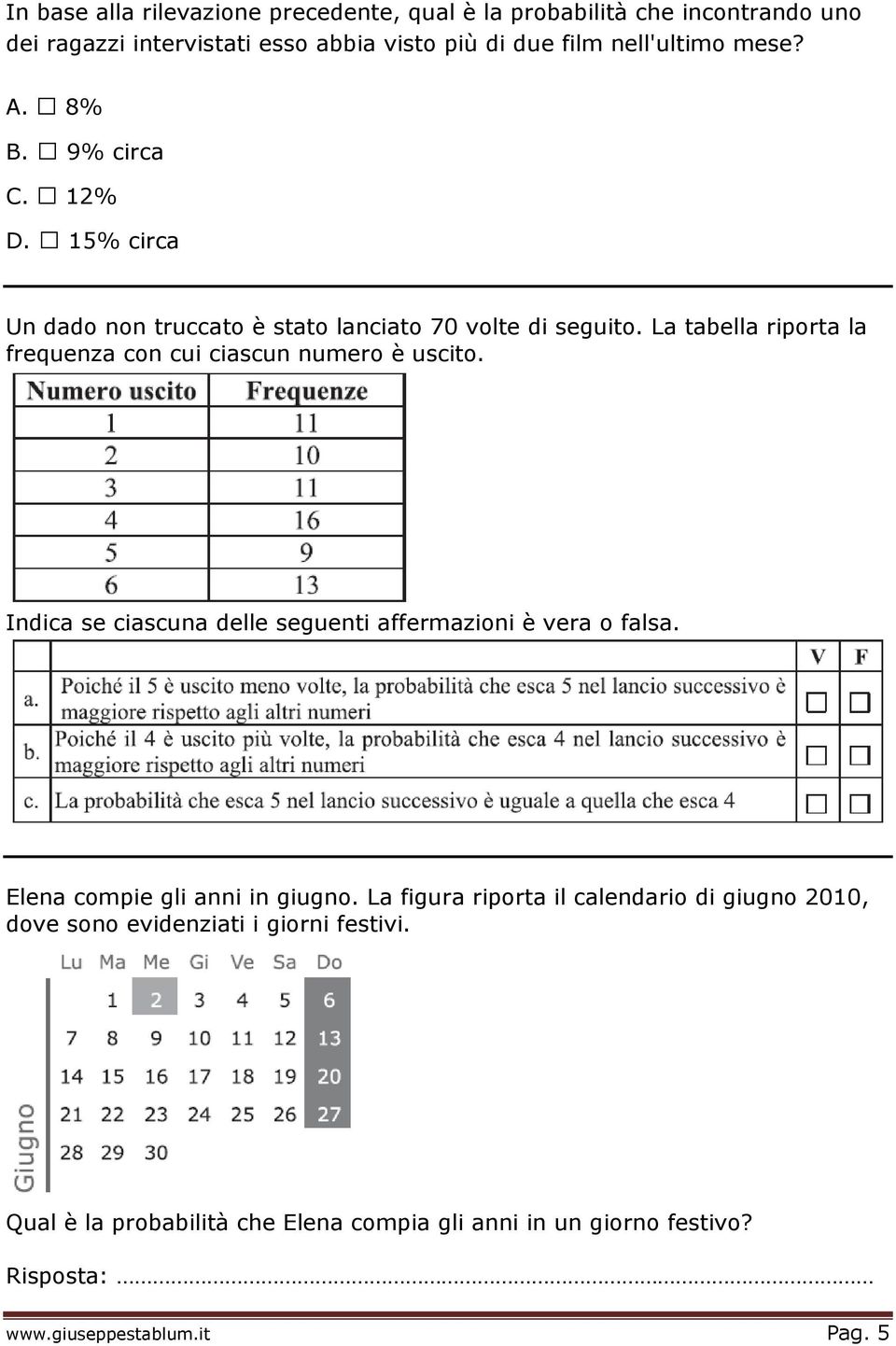 La tabella riporta la frequenza con cui ciascun numero è uscito. Indica se ciascuna delle seguenti affermazioni è vera o falsa.