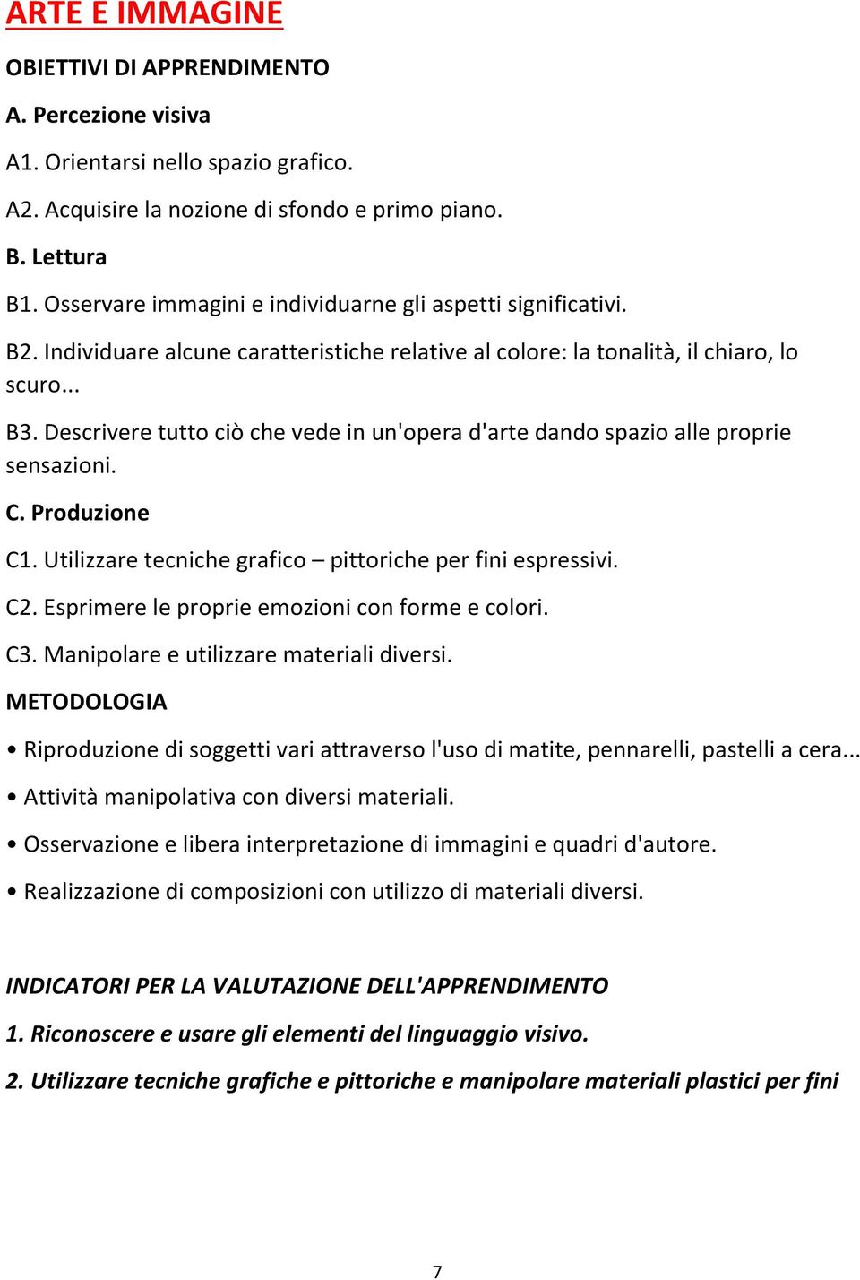 Produzione C1. Utilizzare tecniche grafico pittoriche per fini espressivi. C2. Esprimere le proprie emozioni con forme e colori. C3. Manipolare e utilizzare materiali diversi.