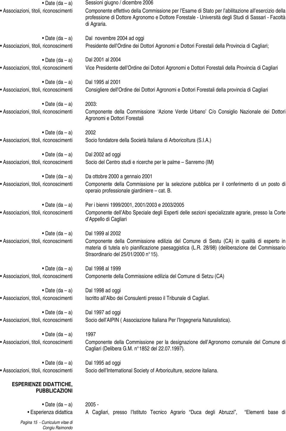 (da a) Associazioni, titoli, riconoscimenti Dal novembre 2004 ad oggi Presidente dell Ordine dei Dottori Agronomi e Dottori Forestali della Provincia di Cagliari; (da a) Dal 2001 al 2004