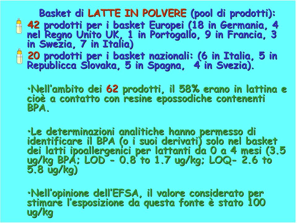 Nell ambito dei 62 prodotti, il 58% erano in lattina e cioè a contatto con resine epossodiche contenenti BPA.