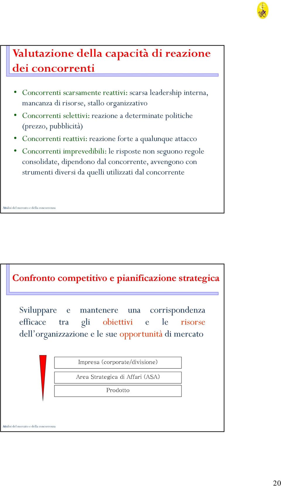 avvengono con strumenti diversi da quelli utilizzati dal concorrente Analisi 39 del mercato e della concorrenza Confronto competitivo e pianificazione strategica Sviluppare e mantenere una