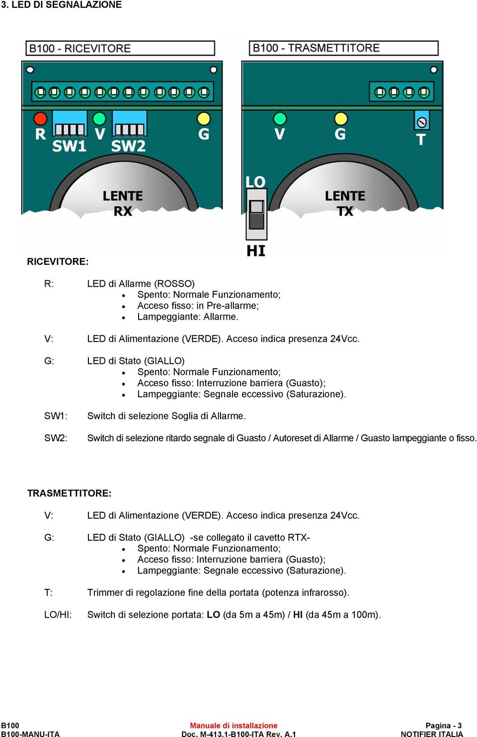 SW1: SW2: Switch di selezione Soglia di Allarme. Switch di selezione ritardo segnale di Guasto / Autoreset di Allarme / Guasto lampeggiante o fisso. TRASMETTITORE: V: LED di Alimentazione (VERDE).