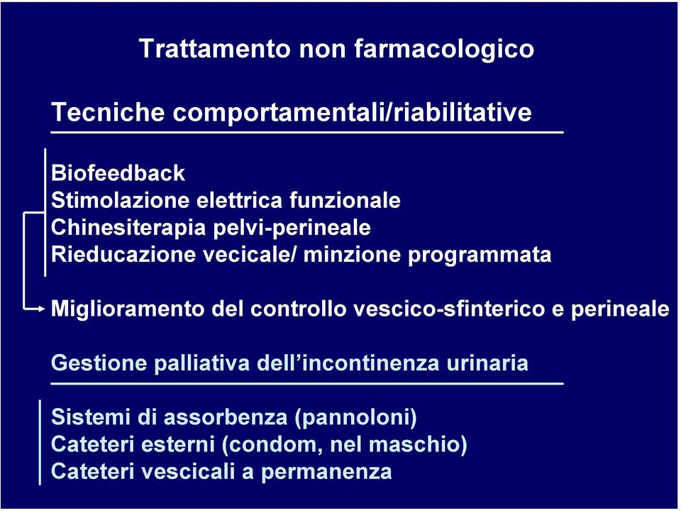 Miglioramento del controllo vescico-sfinterico e perineale Gestione palliativa dell incontinenza