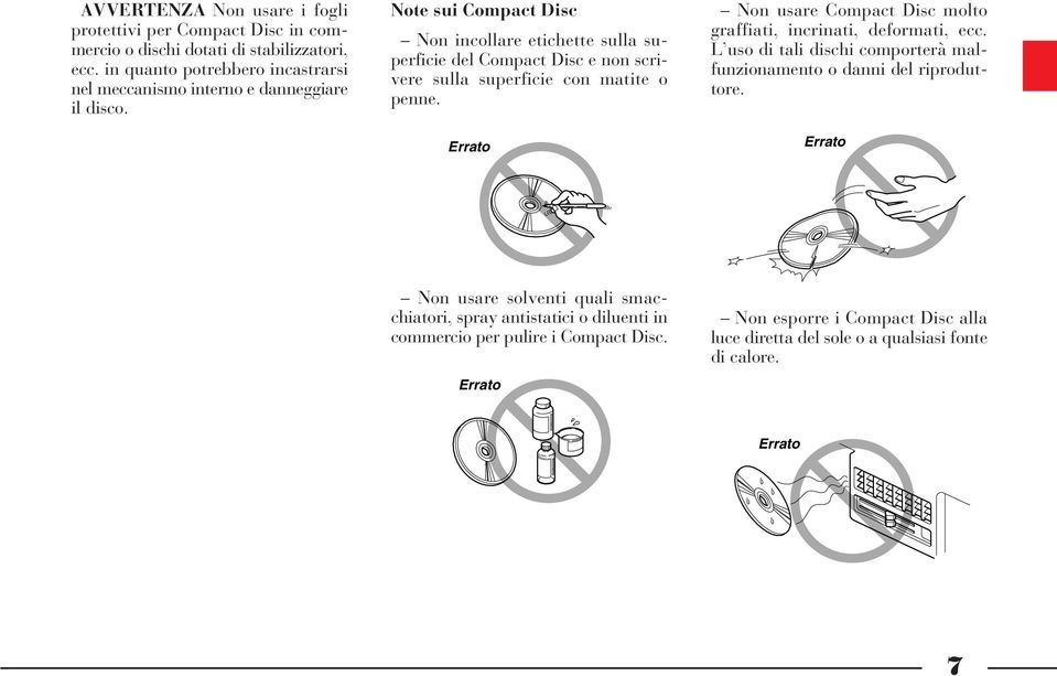 Note sui Compact Disc Non incollare etichette sulla superficie del Compact Disc e non scrivere sulla superficie con matite o penne.