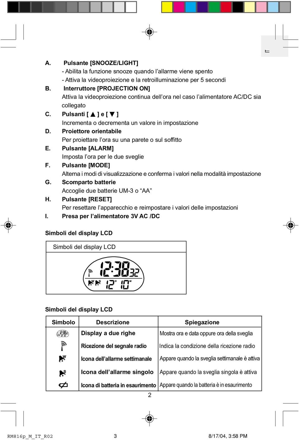 Proiettore orientabile Per proiettare l ora su una parete o sul soffitto E. Pulsante [ALARM] Imposta l ora per le due sveglie F.