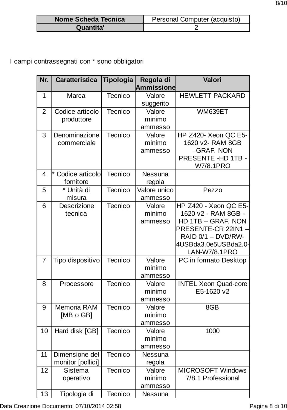 Hard disk [GB] 11 Dimensione del monitor [pollici] 12 Sistema operativo 13 Tipologia di Valori HEWLETT PACKARD WM639ET HP Z420- Xeon QC E5-1620 v2- RAM 8GB GRAF.