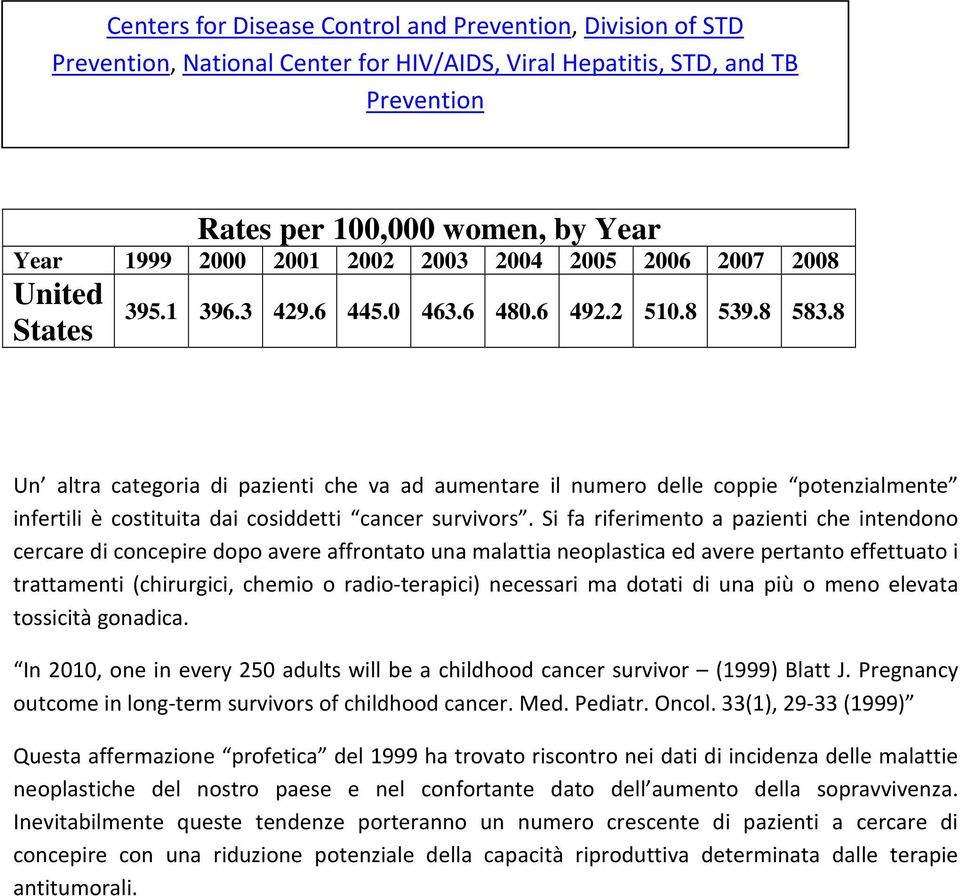 8 States Un altra categoria di pazienti che va ad aumentare il numero delle coppie potenzialmente infertili è costituita dai cosiddetti cancer survivors.