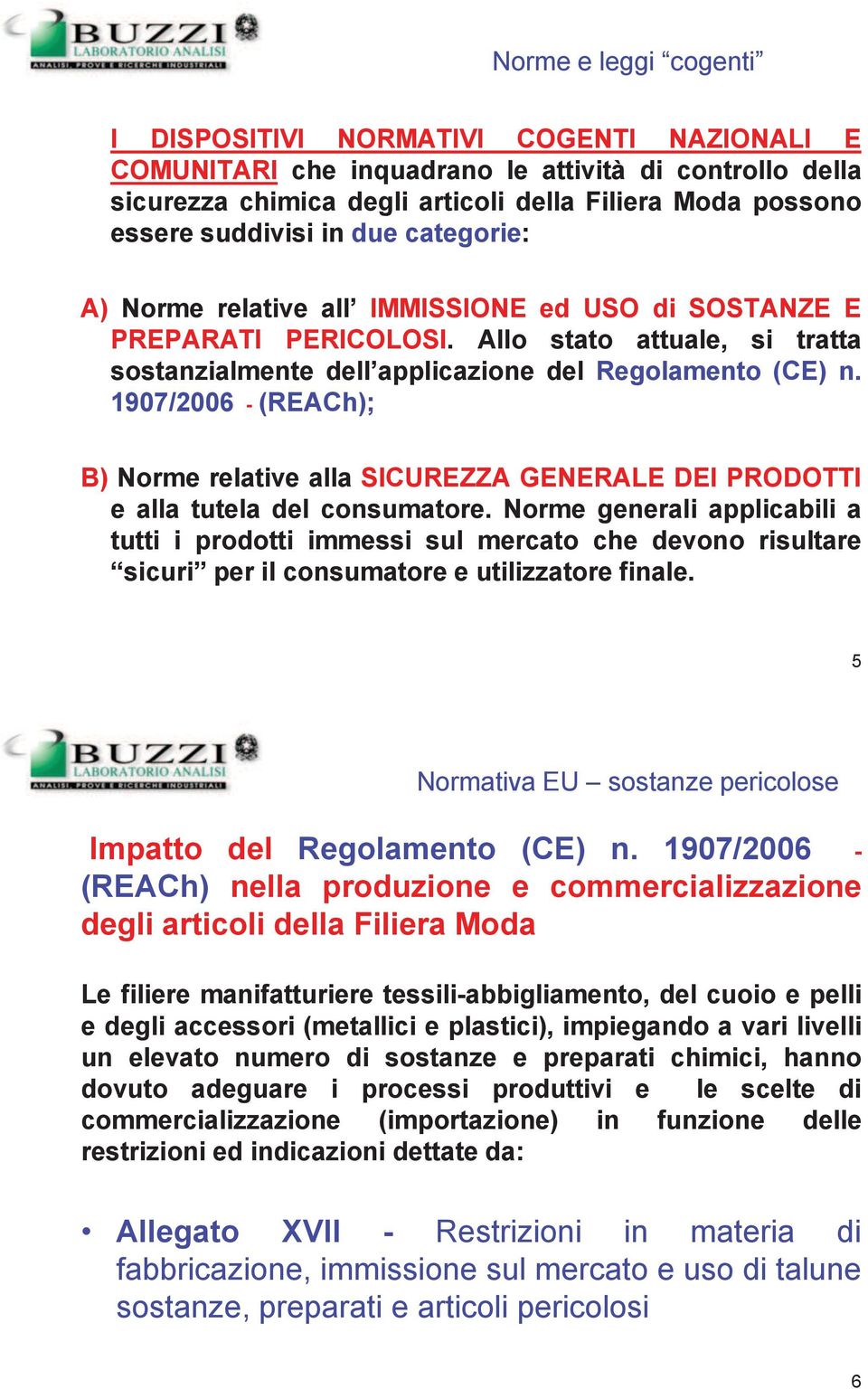 1907/2006 - (REACh); B) Norme relative alla SICUREZZA GENERALE DEI PRODOTTI e alla tutela del consumatore.