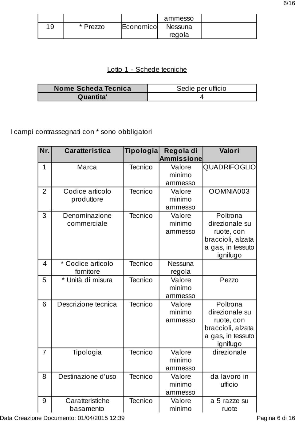 misura 6 Descrizione tecnica 7 Tipologia 8 Destinazione d'uso 9 Caratteristiche basamento Poltrona direzionale su ruote, con braccioli, alzata a gas, in tessuto ignifugo