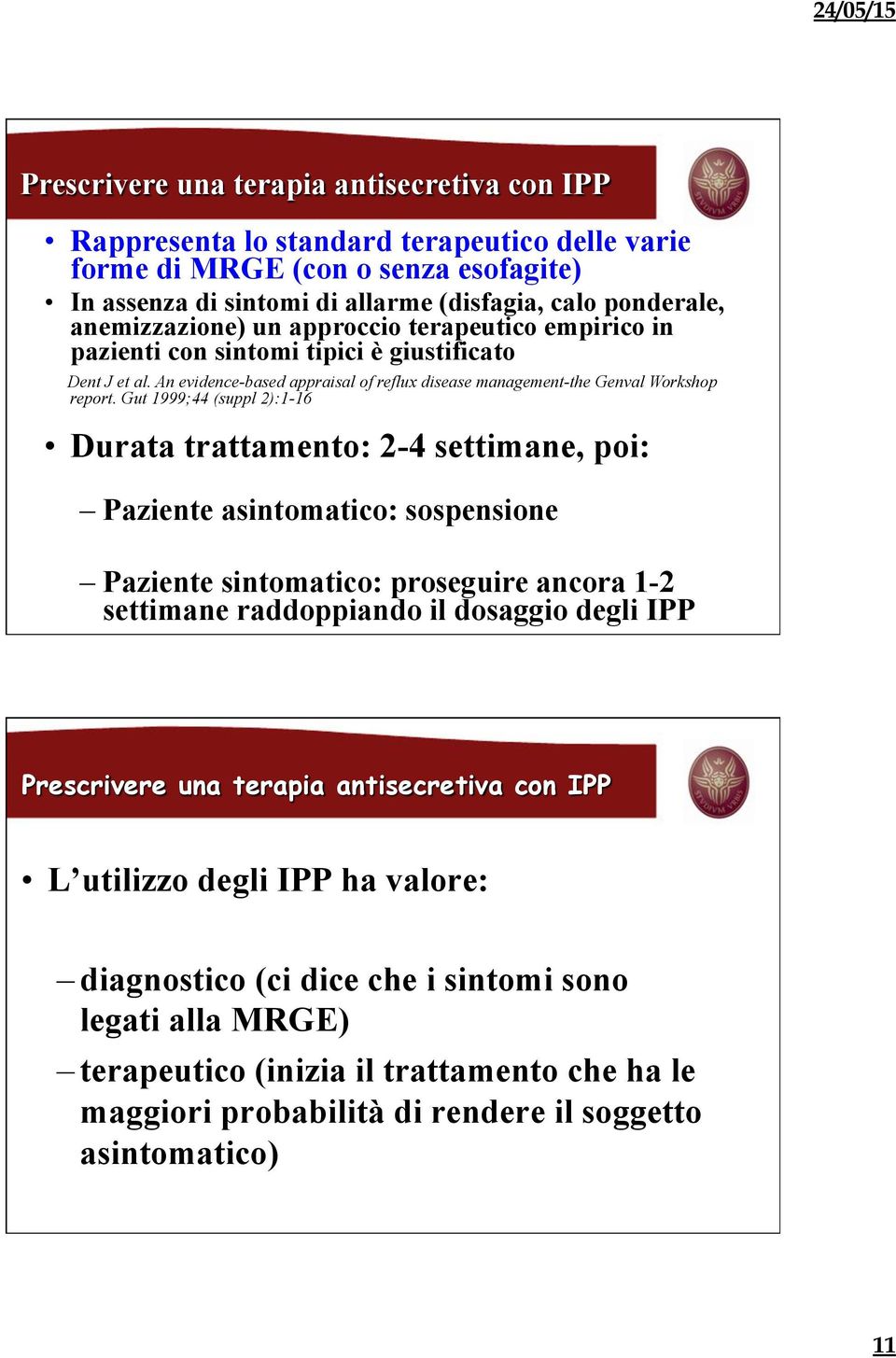 Gut 1999;44 (suppl 2):1-16 Durata trattamento: 2-4 settimane, poi: Paziente asintomatico: sospensione Paziente sintomatico: proseguire ancora 1-2 settimane raddoppiando il dosaggio degli IPP