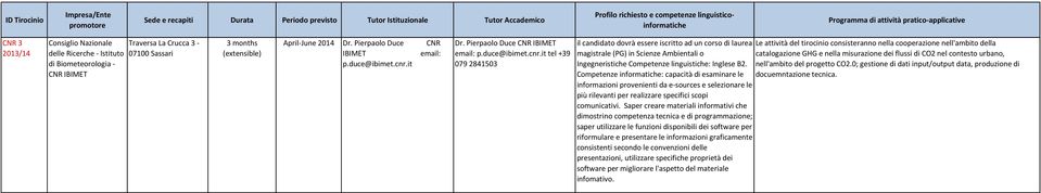 it tel +39 079 2841503 il candidato dovrà essere iscritto ad un corso di laurea Le attività del tirocinio consisteranno nella cooperazione nell'ambito della magistrale (PG) in Scienze Ambientali o