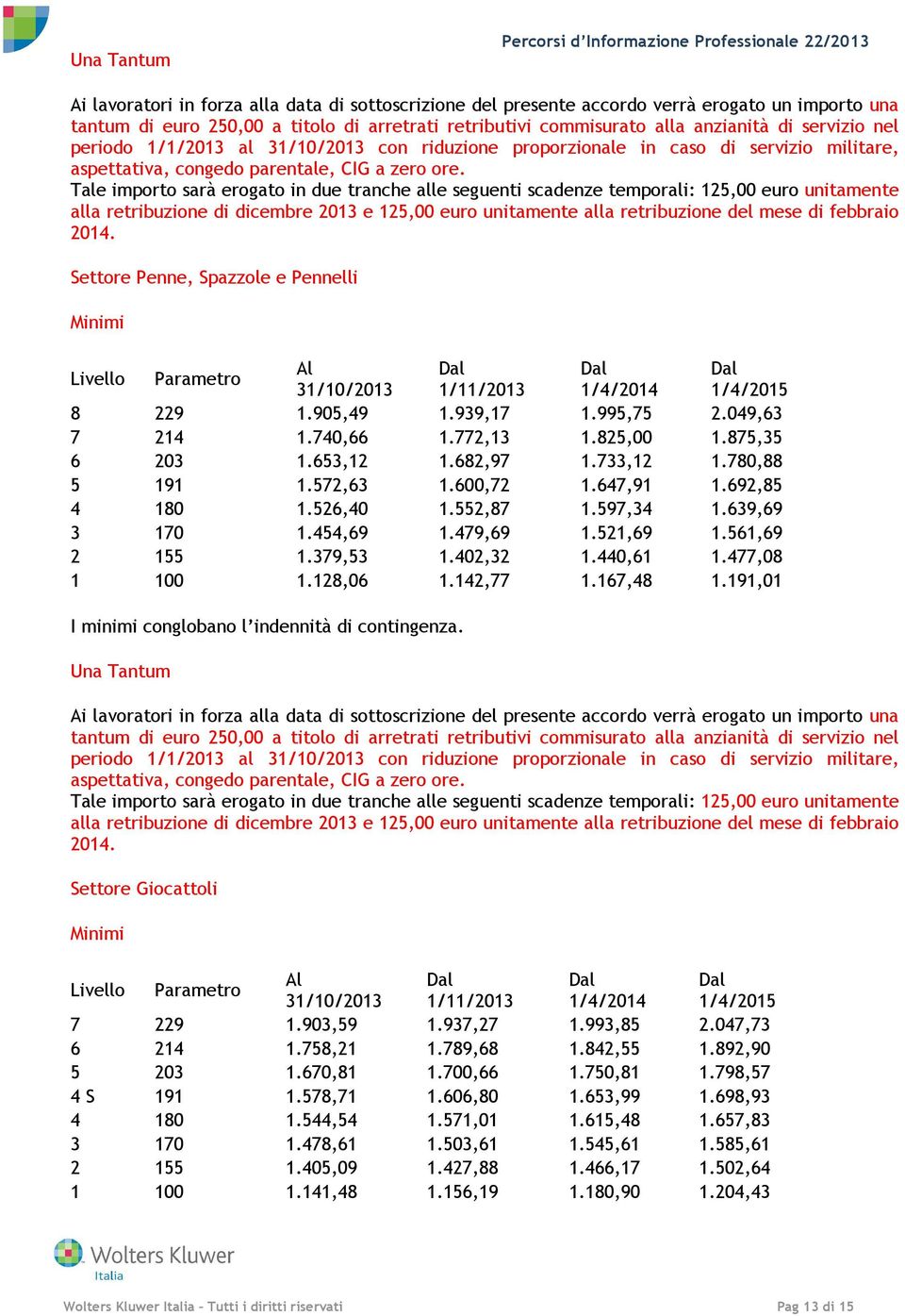 ore. Tale importo sarà erogato in due tranche alle seguenti scadenze temporali: 125,00 euro unitamente alla retribuzione di dicembre 2013 e 125,00 euro unitamente alla retribuzione del mese di