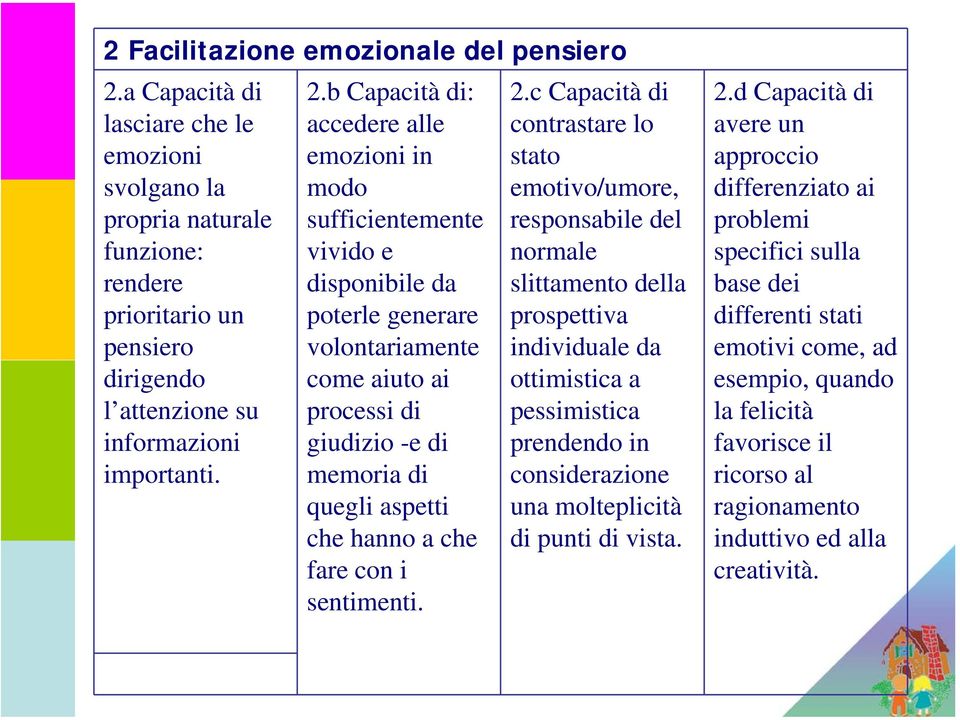 b Capacità di: accedere alle emozioni in modo sufficientemente vivido e disponibile da poterle generare volontariamente come aiuto ai processi di giudizio -e di memoria di quegli aspetti che hanno a