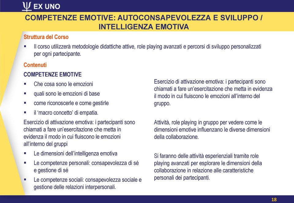 Esercizio di attivazione emotiva: i partecipanti sono chiamati a fare un esercitazione che metta in evidenza il modo in cui fluiscono le emozioni all interno del gruppi Le dimensioni dell