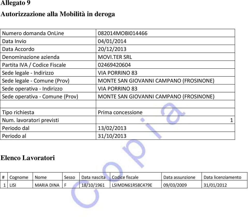 SAN GIOVANNI CAMPANO (FROSINONE) Sede operativa - Indirizzo VIA PORRINO 83 Sede operativa - Comune (Prov) MONTE SAN GIOVANNI