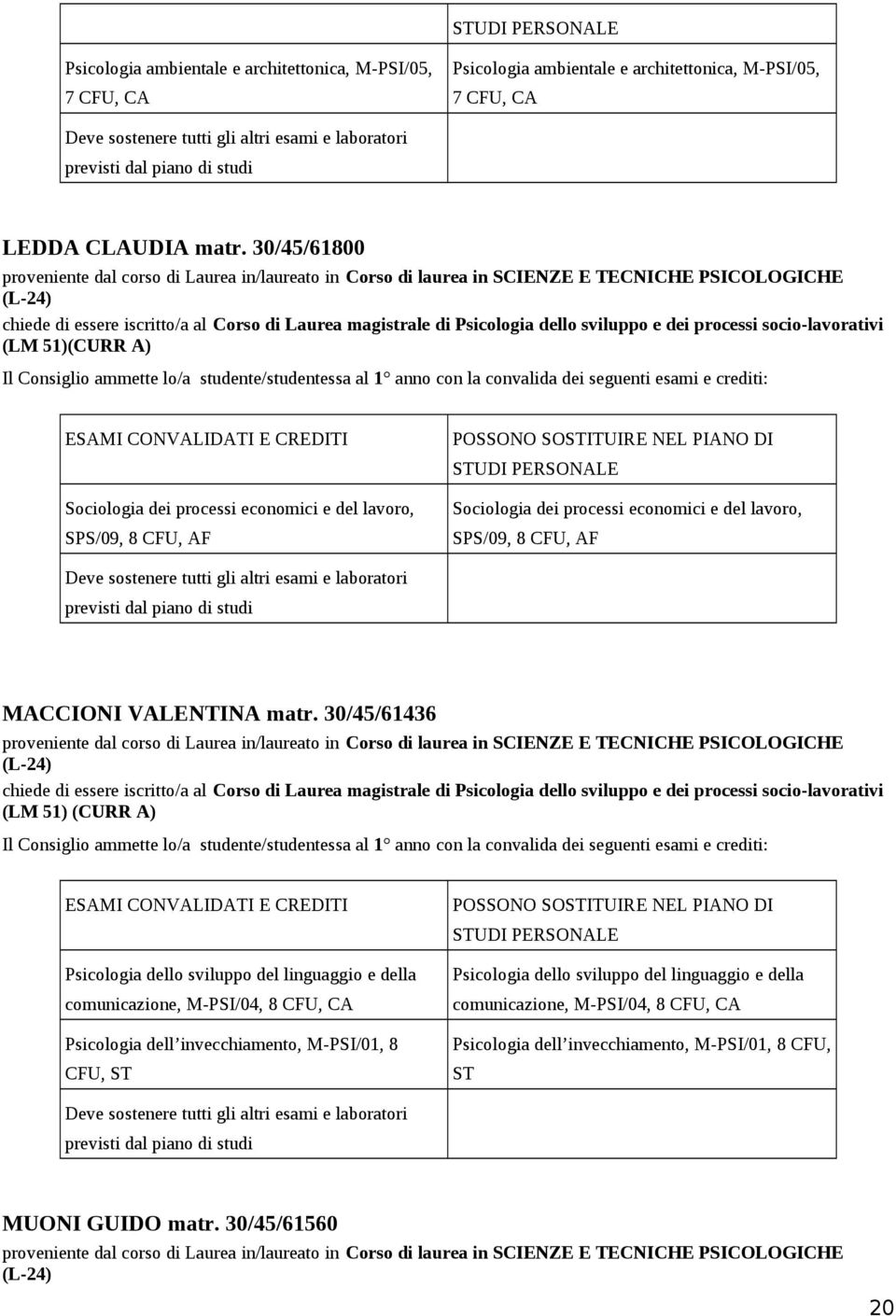 30/45/61800 proveniente dal corso di Laurea in/laureato in Corso di laurea in SCIENZE E TECNICHE PSICOLOGICHE (L-24) chiede di essere iscritto/a al Corso di Laurea magistrale di Psicologia dello