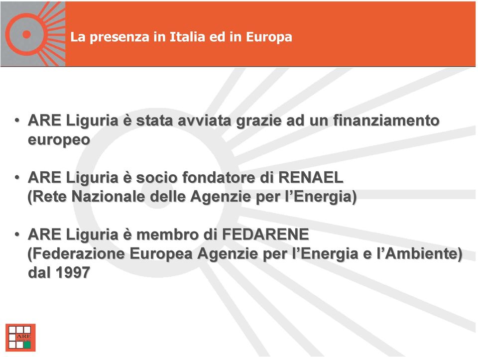 (Rete Nazionale delle Agenzie per l Energia) ARE Liguria è membro di