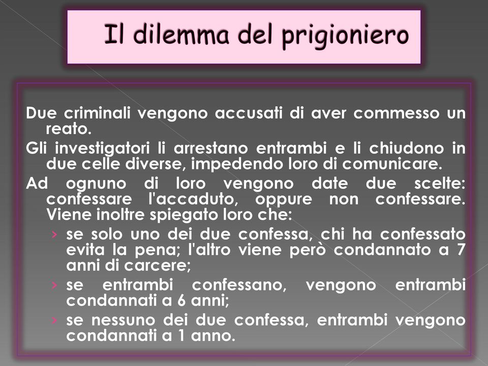 Ad ognuno di loro vengono date due scelte: confessare l'accaduto, oppure non confessare.