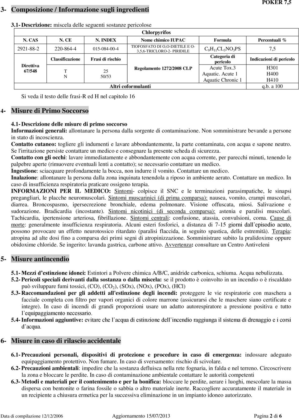 Misure di Primo Soccorso TIOFOSFATO DI O,O-DIETILE E O- 3,5,6-TRICLORO-2- PIRIDILE C 9 H 11 CL 3 NO 3 PS 7,5 Categoria di pericolo Indicazioni di pericolo Regolamento 1272/2008 CLP Acute Tox.