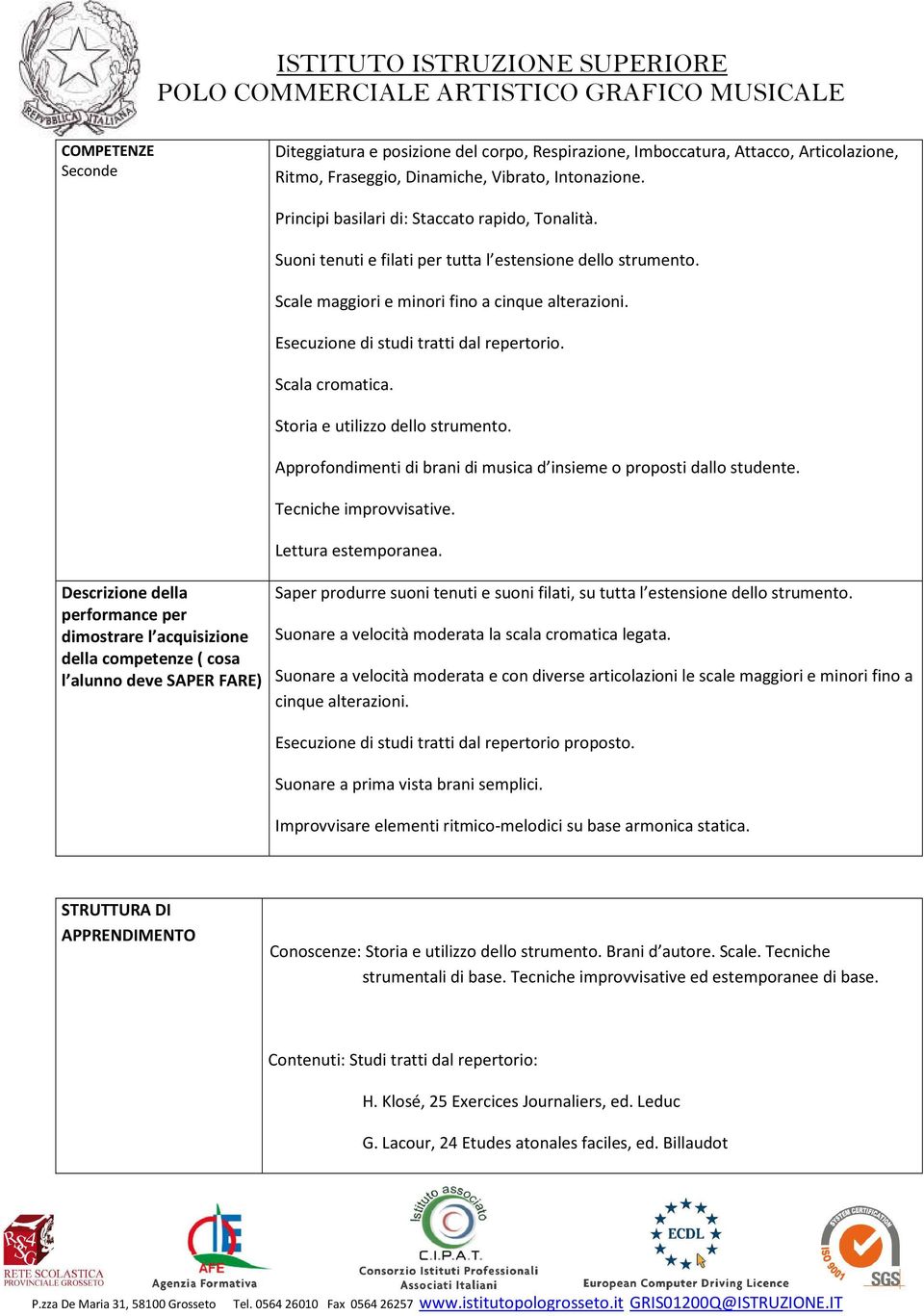 Esecuzione di studi tratti dal repertorio. Scala cromatica. Storia e utilizzo dello strumento. Approfondimenti di brani di musica d insieme o proposti dallo studente. Tecniche improvvisative.