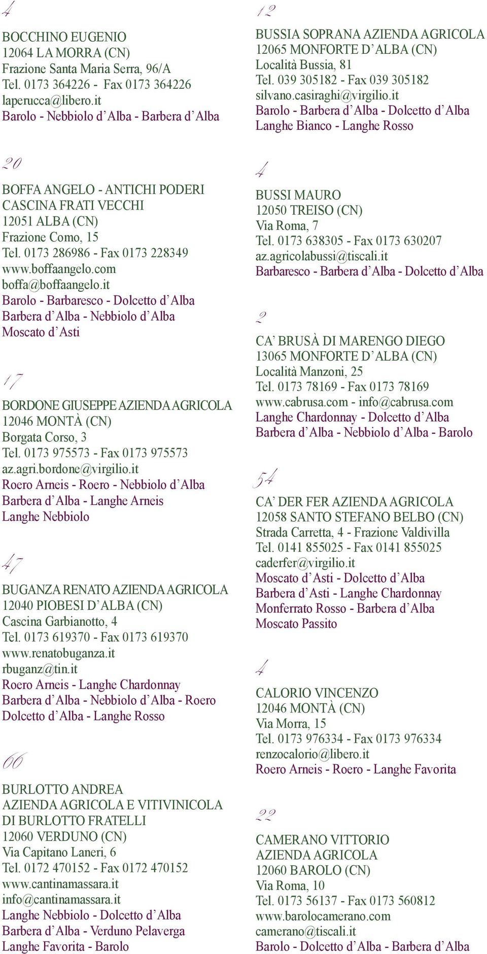 it Barolo - Barbaresco - Dolcetto d Alba Barbera d Alba - Nebbiolo d Alba Moscato d Asti 17 BORDONE GIUSEPPE 106 MONTÀ () Borgata Corso, 3 Tel. 0173 975573 - Fax 0173 975573 az.agri.bordone@virgilio.