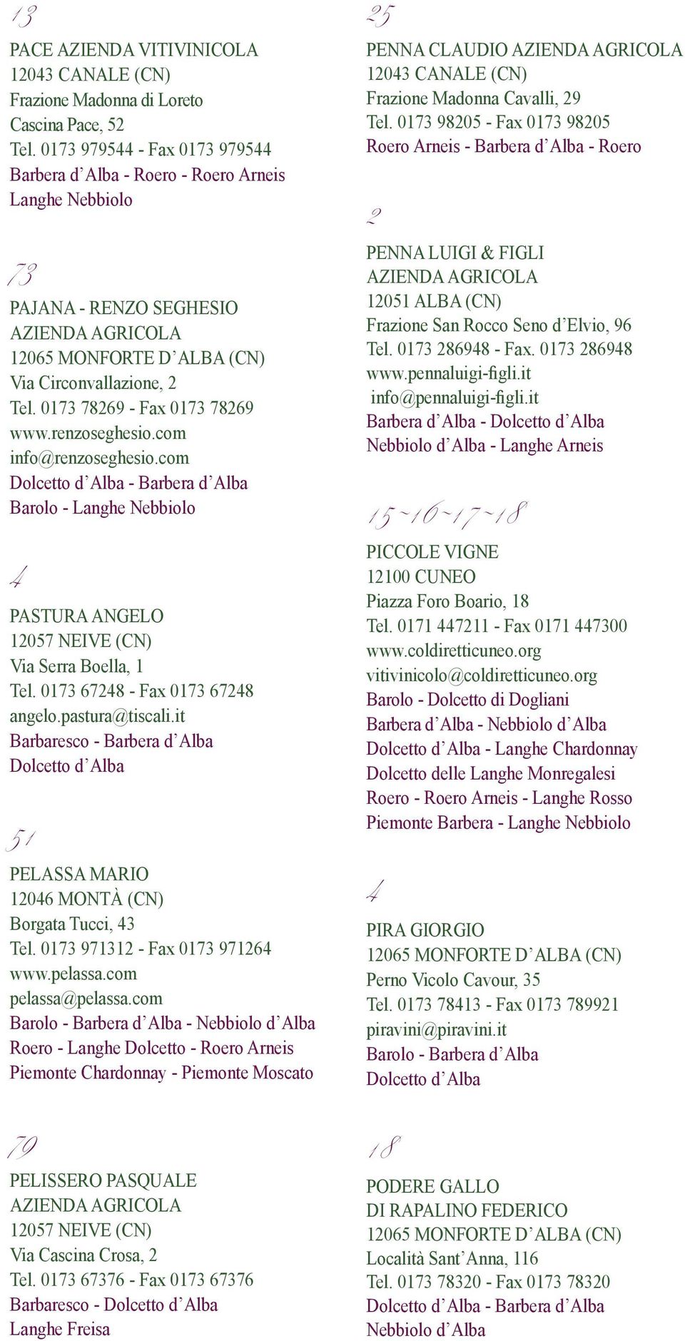 renzoseghesio.com info@renzoseghesio.com Dolcetto d Alba - Barbera d Alba Barolo - Langhe Nebbiolo PASTURA ANGELO 1057 NEIVE () Via Serra Boella, 1 Tel. 0173 678 - Fax 0173 678 angelo.pastura@tiscali.